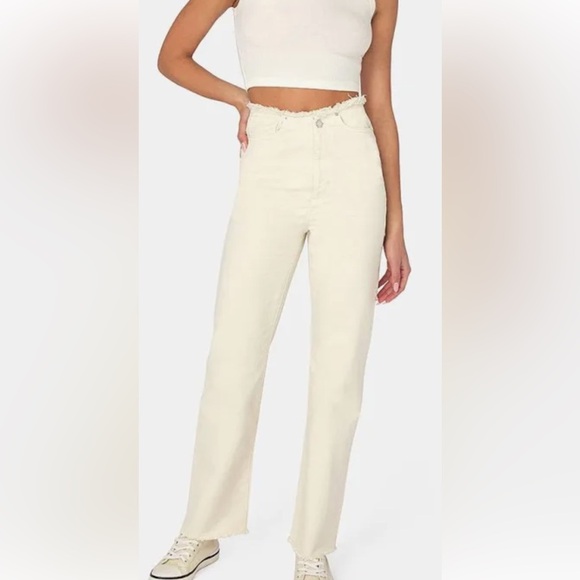 WEWOREWHAT HIGH RISE WIDE LEG FRAYED STRAIGHT LEG CREAM DENIM PANTS JEANS SZ 27 - Picture 13 of 13